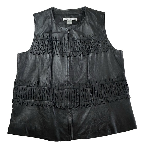 Peter Nygard Black Leather Vest Weave Cowgirl Biker Women's size 10 - Picture 2 of 11